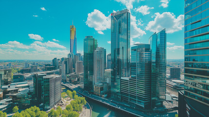 Obraz premium City Skyline and Skyscrapers Under Blue Sky and White Clouds Aerial View