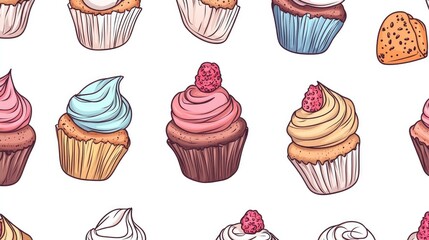 Seamless Pattern Hand-Drawn Colorful Cupcake Pattern on White Background
