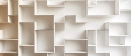 A white wall with many shelves and boxes