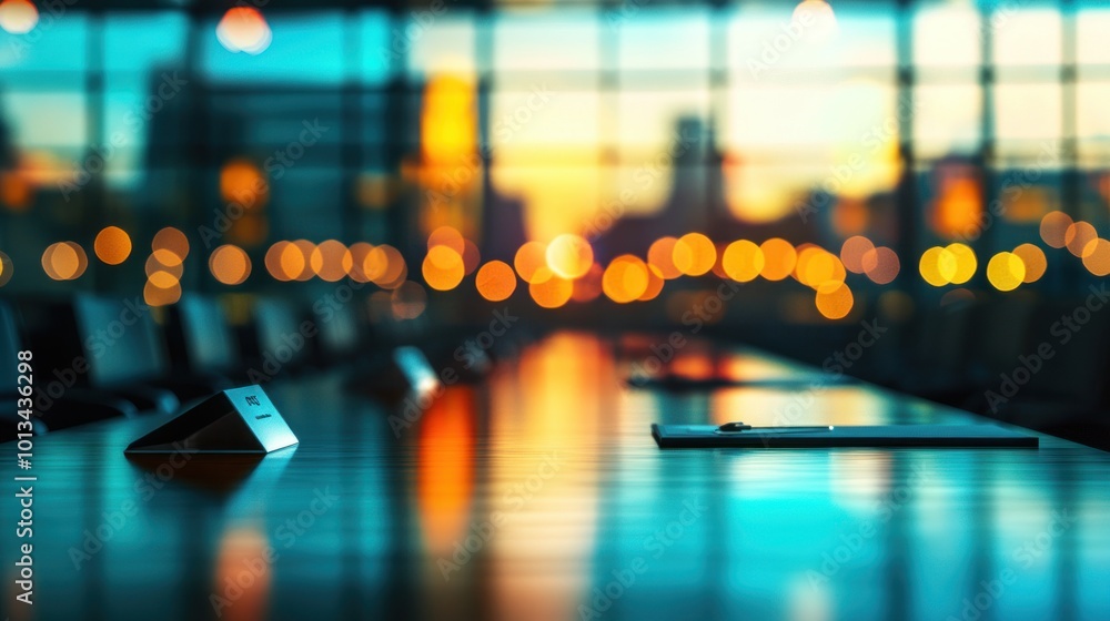 Poster a conference table with a sunset view, creating a professional and inviting atmosphere.