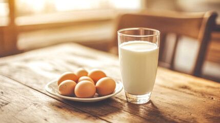 Glass of milk sitting on table next to bowl of eggs