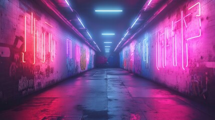 Fototapeta premium Futuristic Research Facility Corridor with Neon Lights and Lockers