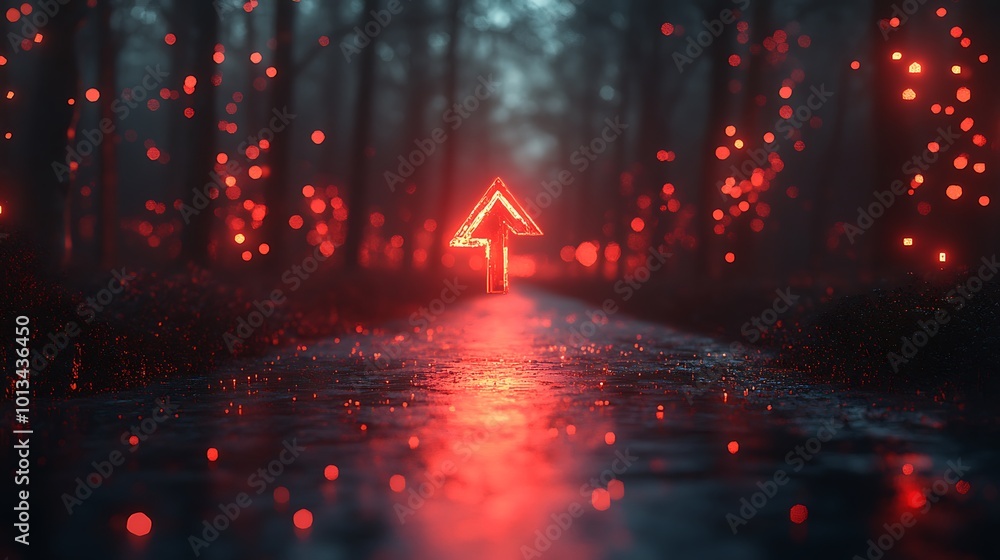 Poster a glowing red arrow points up a path through a dark forest.