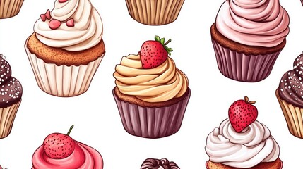 Seamless Pattern Hand-Drawn Colorful Cupcake Pattern on White Background