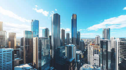 City Skyline and Skyscrapers Under Blue Sky and White Clouds Aerial View