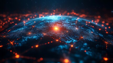 Fototapeta premium A futuristic digital representation of Earth with glowing red and blue lines connecting continents.