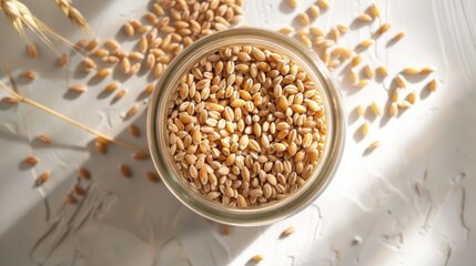 A jar of wheat grain is sitting on a table