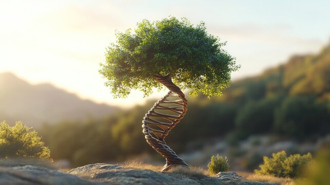 A tree with a DNA double helix trunk grows on a hillside at sunset. - Powered by Adobe