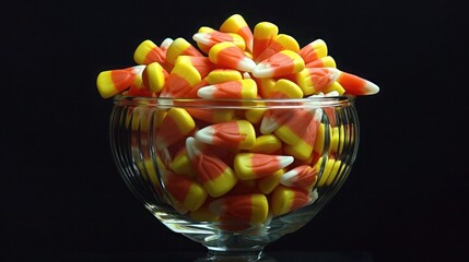 A collection of Halloween candy corn in a clear glass bowl, isolated against a solid black background, with vibrant colors standing out, providing a nostalgic Halloween treat display.