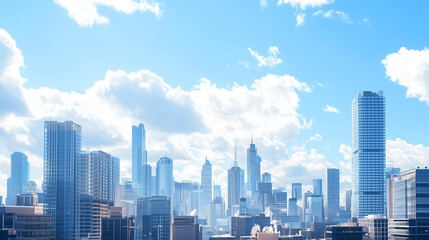 Fototapeta premium Aerial View of City Skyline and High-Rise Buildings Under Blue Sky and White Clouds