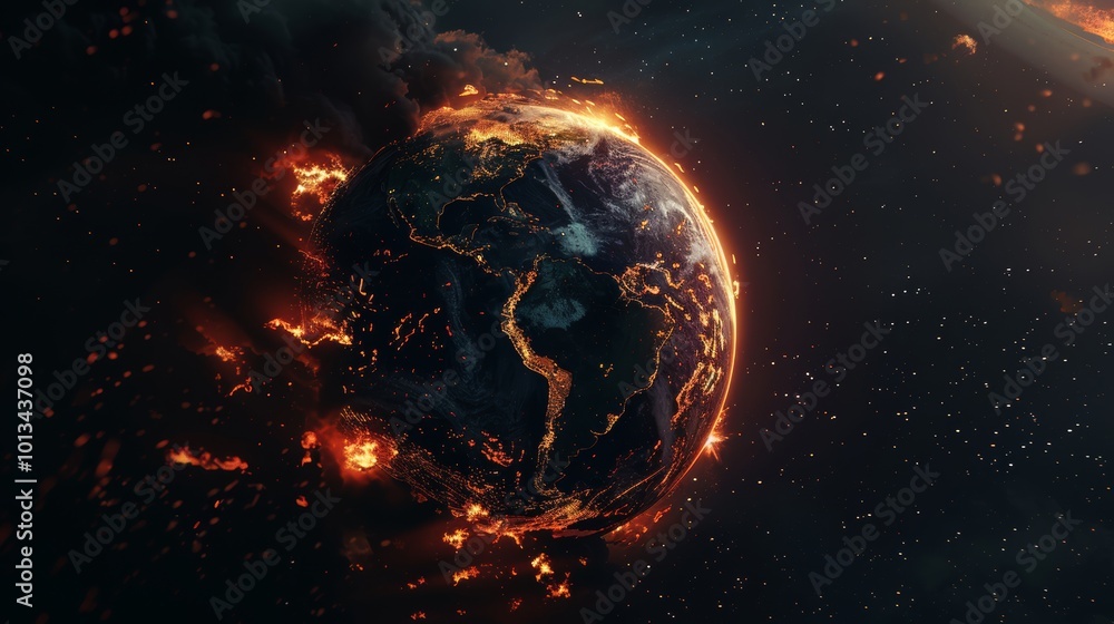 Wall mural a dramatic view of earth from space the planet engulfed in flames with fiery atmosphere and smoke