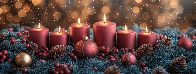 wide panoramic background banner image of red and gold Christmas candles and balls decor on traditional luxury background 
