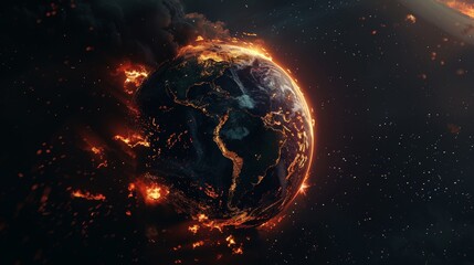 A dramatic view of earth from space  the planet engulfed in flames with fiery atmosphere and smoke
