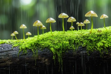 A close-up shot of a rain-soaked moss-covered log in a forest, with tiny mushrooms sprouting from the soft green surface.