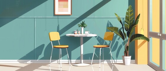 A room with a table and two chairs, a potted plant, and a picture on the wall