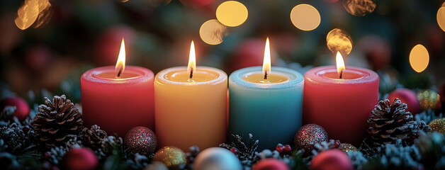 wide panoramic Xmas background banner image of colorful wax candles and balls decor, on blurred bright festival night background 