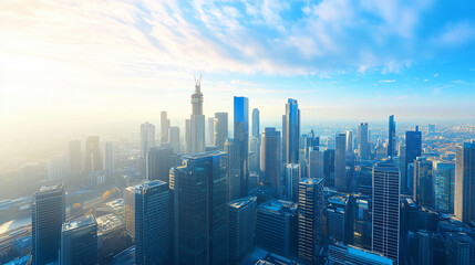 Fototapeta premium Aerial View of City Skyline and High-Rise Buildings Under Blue Sky and White Clouds