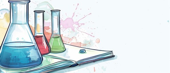 A book with a blue, green, and red beaker on top of it