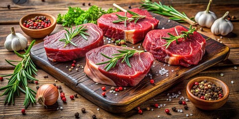 Fototapeta premium Freshly seasoned raw beef steaks garnished with fragrant herbs and spices, arranged artfully on a rustic wooden board, awaiting preparation for a savory meal.