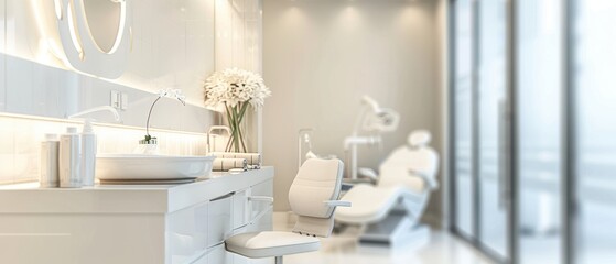 A clean and bright bathroom with a white sink and a white chair