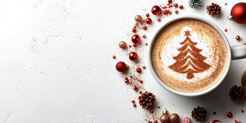 A cozy cup of coffee topped with a frothy Christmas tree design