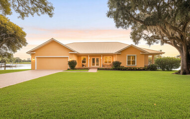 Obraz premium Charming lakeside home at sunset with lush green lawn and tree-lined surroundings