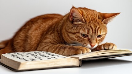 The ginger cat is deeply focused on the book lying before it, paws touching the pages