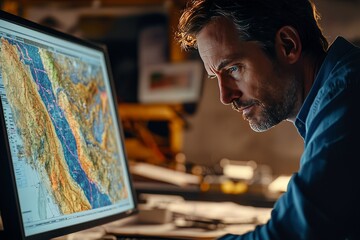 Engineer Analyzing Seismic Data with Geographical Overlays