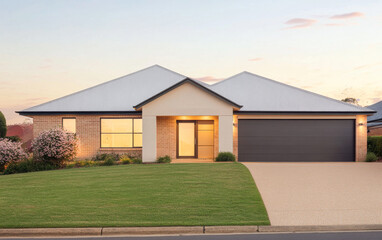 Fototapeta premium Modern suburban house with landscaped yard and driveway at sunset