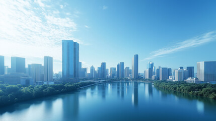 Naklejka premium Aerial View of City Skyline and High-Rise Buildings Under Blue Sky and White Clouds