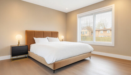 Modern bedroom interior with a large bed and natural light in a cozy home setting