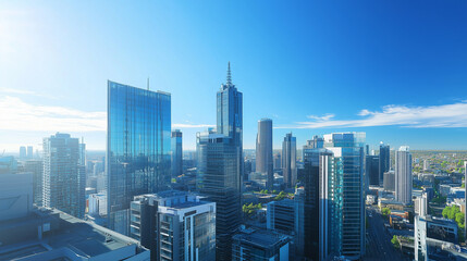 Fototapeta premium Aerial View of City Skyline and High-Rise Buildings Under Blue Sky and White Clouds