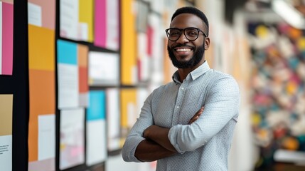 Obraz premium Cheerful young African American businessman in eyeglasses standing with crossed arms in front of colorful paper sheets.
