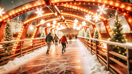 Obraz premium 3D Glowing Snow Covered Bridge with Ice Skaters: Vibrant Winter Landscape for Stunning Advertisements