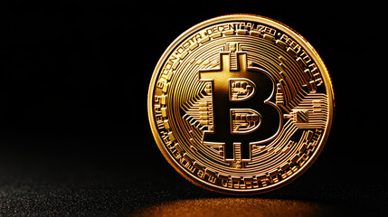 Bitcoin coin on a dark background, symbolizing digital currency and finance.