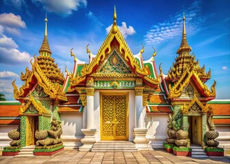 Fototapeta premium Majestic golden dragons and vibrant orange tiles adorn the intricately carved entrance gates of Wat Pho temple, set against a clear blue Bangkok sky.