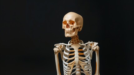 An off-white human skeleton isolated on a black background, displaying intricate details of bones and anatomical features.