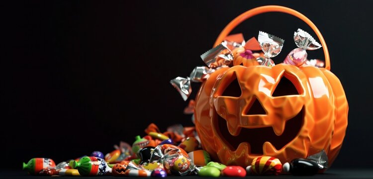A bright orange candy bucket shaped like a lantern, with overflowing Halloween treats spilling out. The candy wrappers shine brightly against a black background, perfect for trick-or-treating.