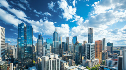 City Skyline and Skyscrapers Under Blue Sky and White Clouds Aerial View