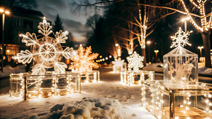 Obraz premium Radiant Glowing Ice Sculptures in a Futuristic Winter Park: Neon Lights and Snowflakes Create a Festive Holiday Atmosphere