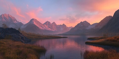 Fototapeta premium Majestic mountain range reflected in a calm lake at sunset.