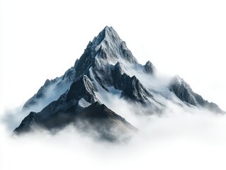 majestic mountain peak shrouded in billowing clouds, isolated against pristine white background. dramatic lighting accentuates rugged terrain and misty atmosphere.