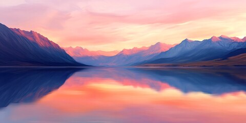 Obraz premium Majestic mountain range reflected in a still lake at sunset, creating a breathtaking panoramic scene of nature's beauty.