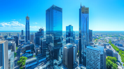 Fototapeta premium City Skyline and Skyscrapers Under Blue Sky and White Clouds Aerial View