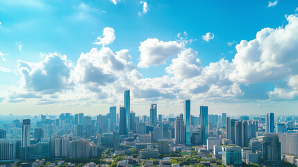 Obraz premium City Skyline and Skyscrapers Under Blue Sky and White Clouds Aerial View