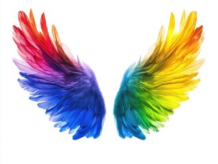 majestic rainbow-hued wings spread wide against a pristine white background. intricate feather detail with a gradient of vibrant colors, symbolizing freedom and transformation.