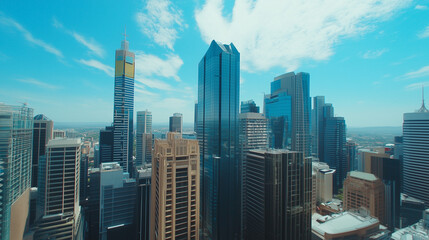 Obraz premium City Skyline and Skyscrapers Under Blue Sky and White Clouds Aerial View