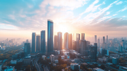 Obraz premium City Skyline and Skyscrapers Under Blue Sky and White Clouds Aerial View