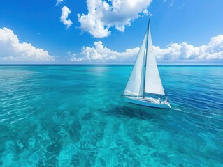 Fototapeta premium majestic snow-white sailboat gliding through crystal-clear turquoise waters. panoramic view of endless ocean horizon. serene atmosphere, gentle sunlight, and wispy clouds in a vast blue sky.