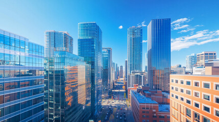 Fototapeta premium City Skyline and Skyscrapers Under Blue Sky and White Clouds Aerial View